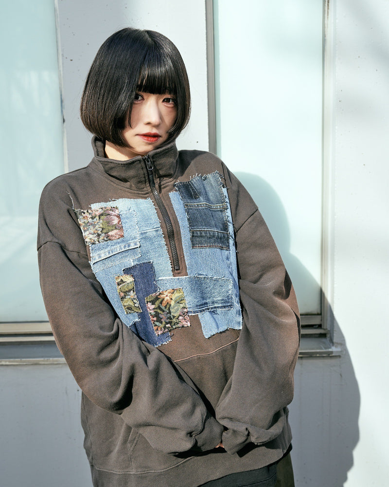 [2025新春limited]U-BY EFFECTEN(ユーバイ エフェクテン) ×muku by SAICA denim patchwork half zip sweat type1